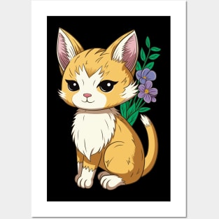 Cute Cat With Flowers Posters and Art